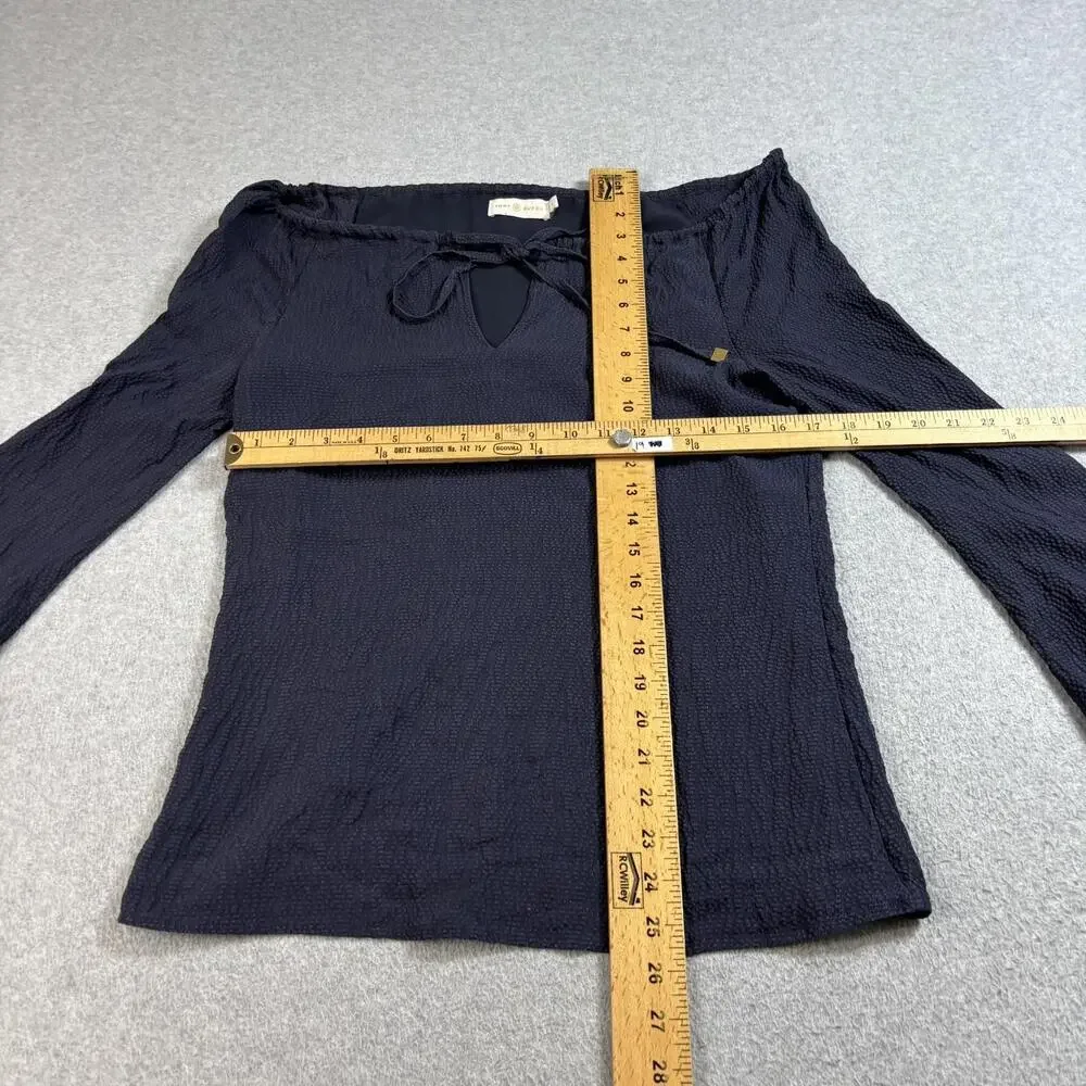 Tory Burch Silk Shirt Womens 4 Navy Tie Textured Peasant Coastal Boho Lightweigh